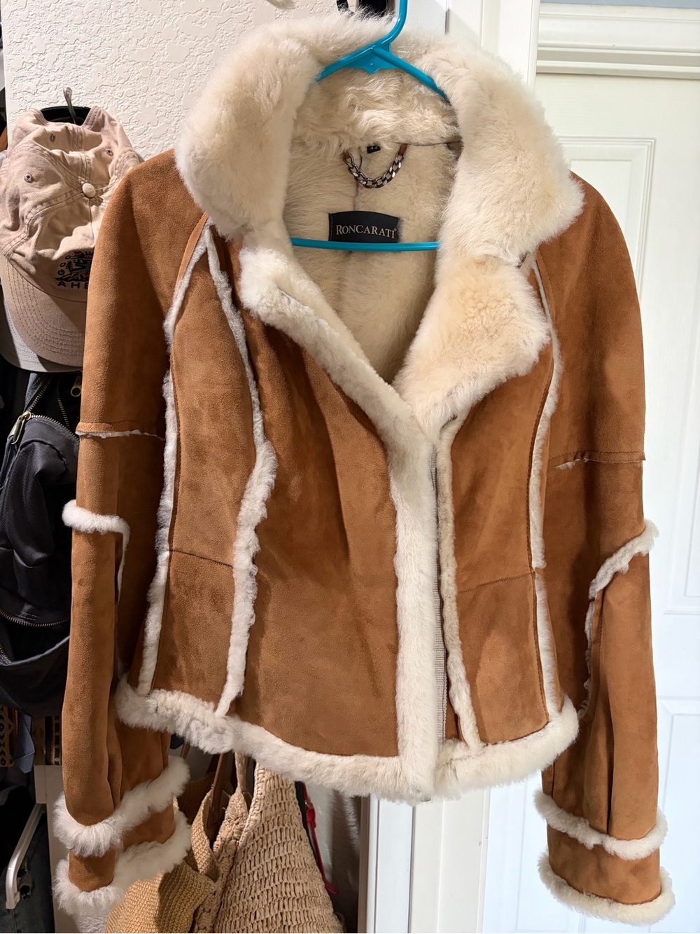 Women's Tan Shearling Teddy Jacket with Cream Trim